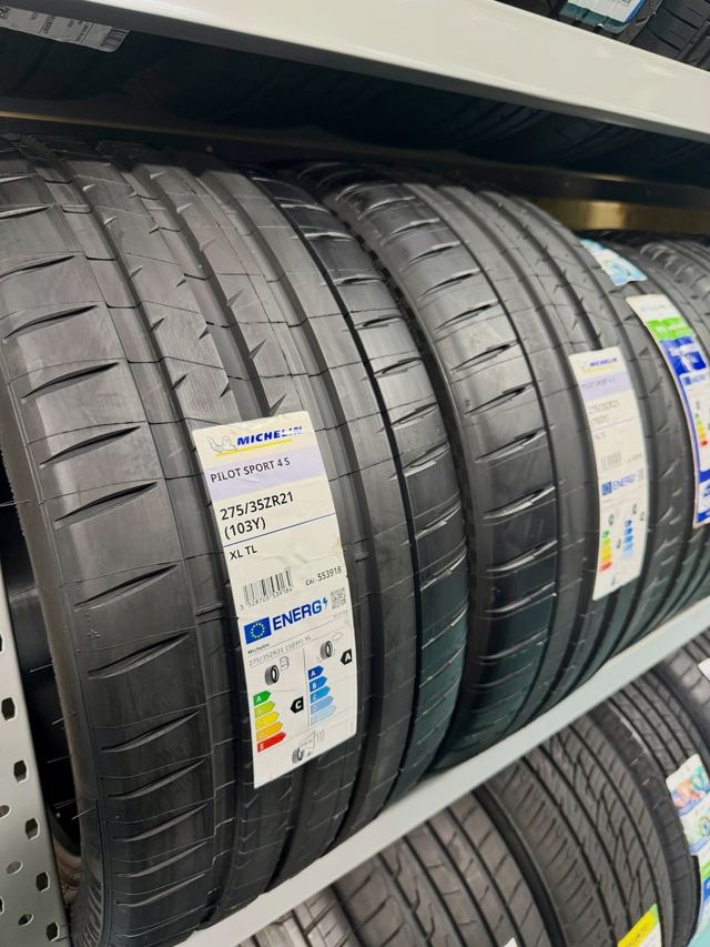 New Michelin Pilot Sport tyres on the rack, the EU tyre label showing